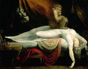 "The Nightmare" a 1781 oil-painting by Swiss-Anglo artist Henry Fuseli. This painting gained instant popularity at the beginning of the Gothic literary movement. 