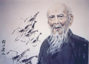 Qi-Baishi, beloved figure in the art world from the late 19th and early 20th centuries. An example of his work shows behind him. 