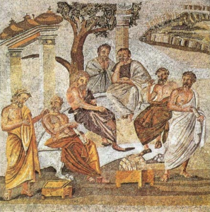 A mosaic from Pompeii of Plato's academy (source: wikipedia). 